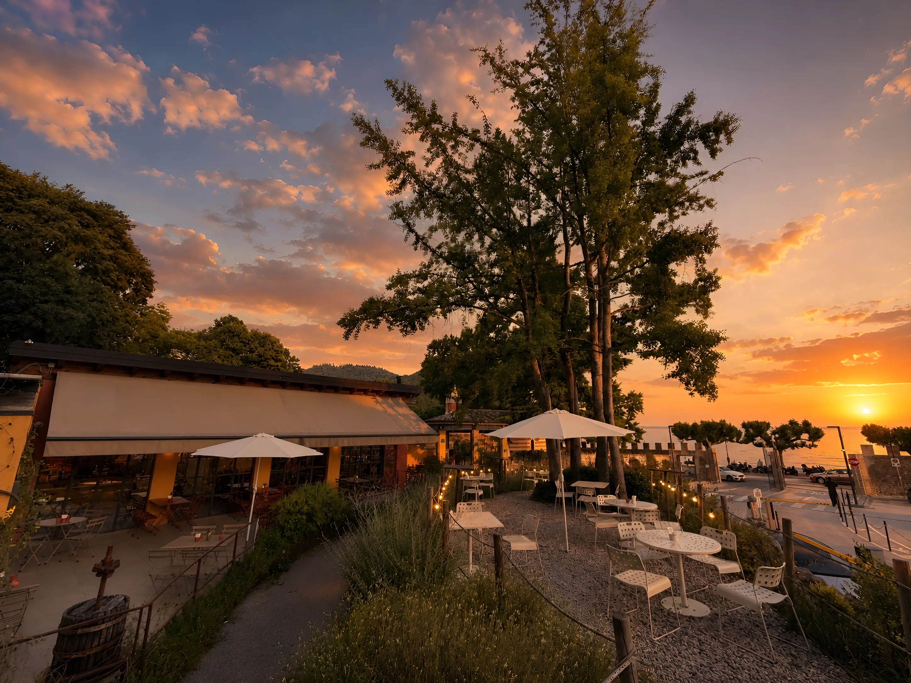 La terrazza di Hortus e il lago nella luce del tramonto