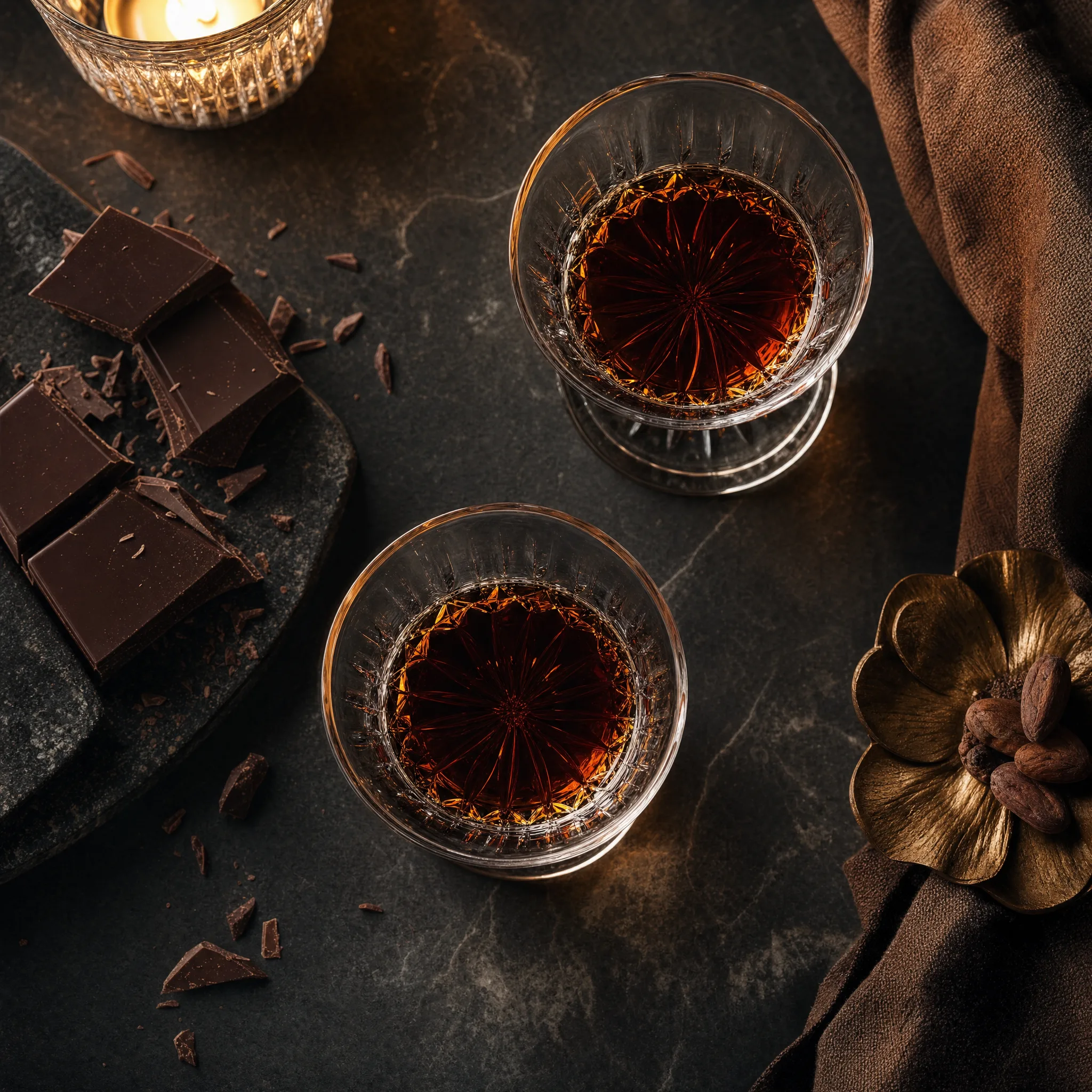 Due bicchieri di amaro ambrato su marmo scuro con cioccolato fondente e luce di candela