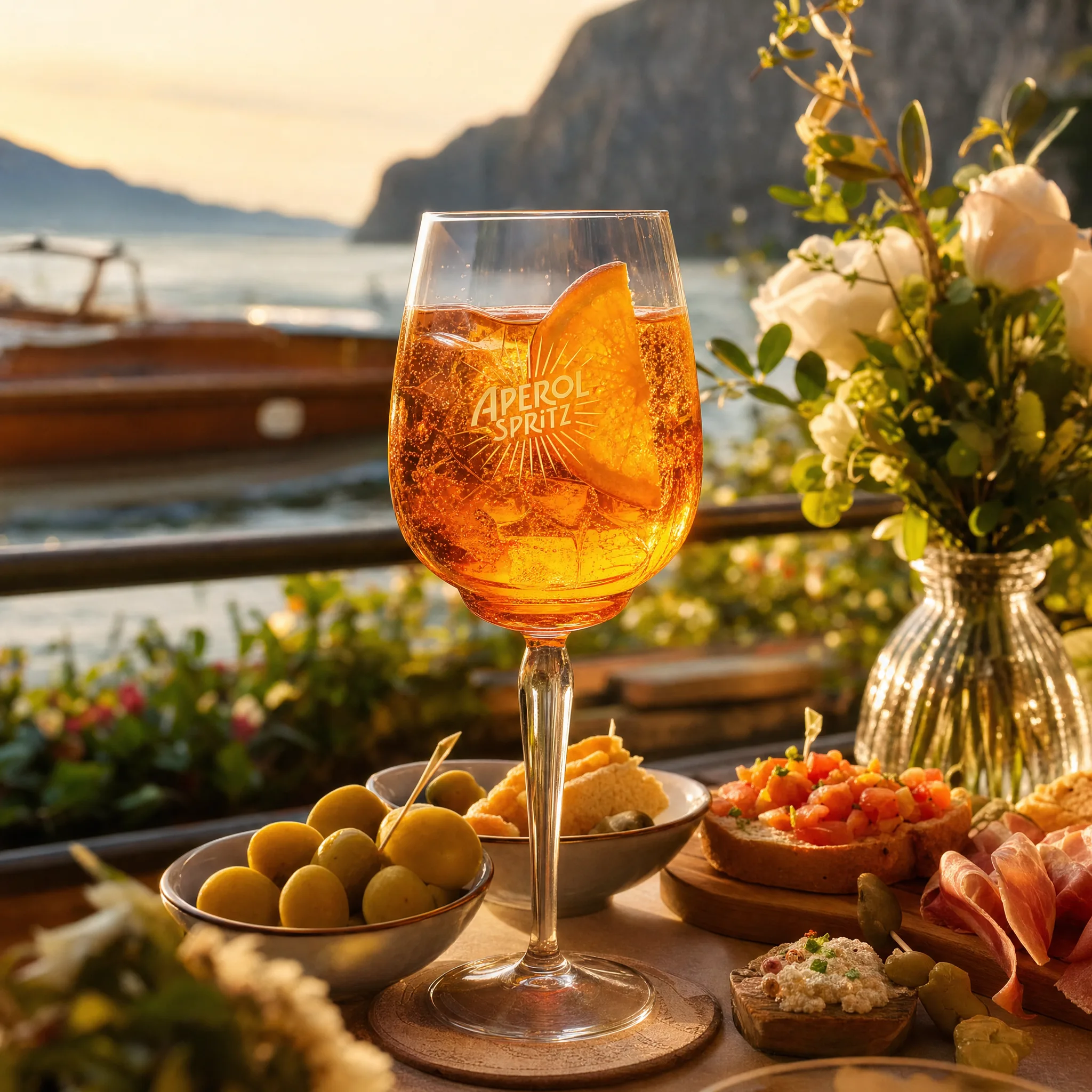 Aperol Spritz con fetta d'arancia su una terrazza con vista lago al tramonto, cicchetti e taglieri sullo sfondo