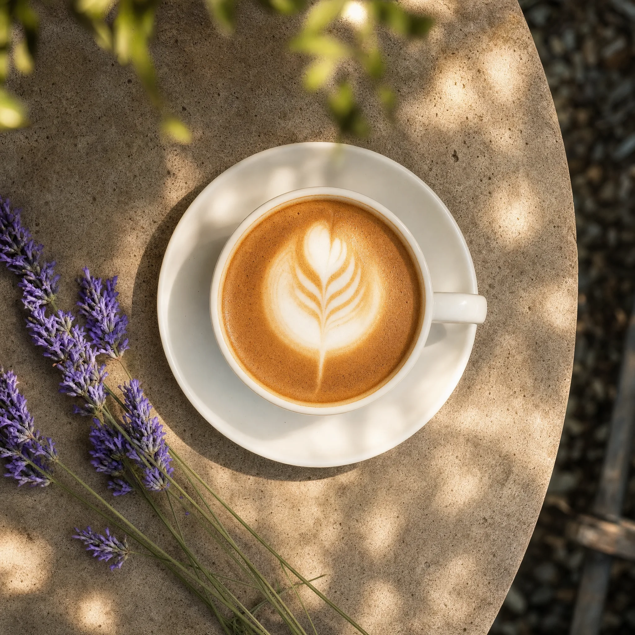 Un cappuccino con latte art su un tavolino di pietra in giardino, lavanda fresca accanto