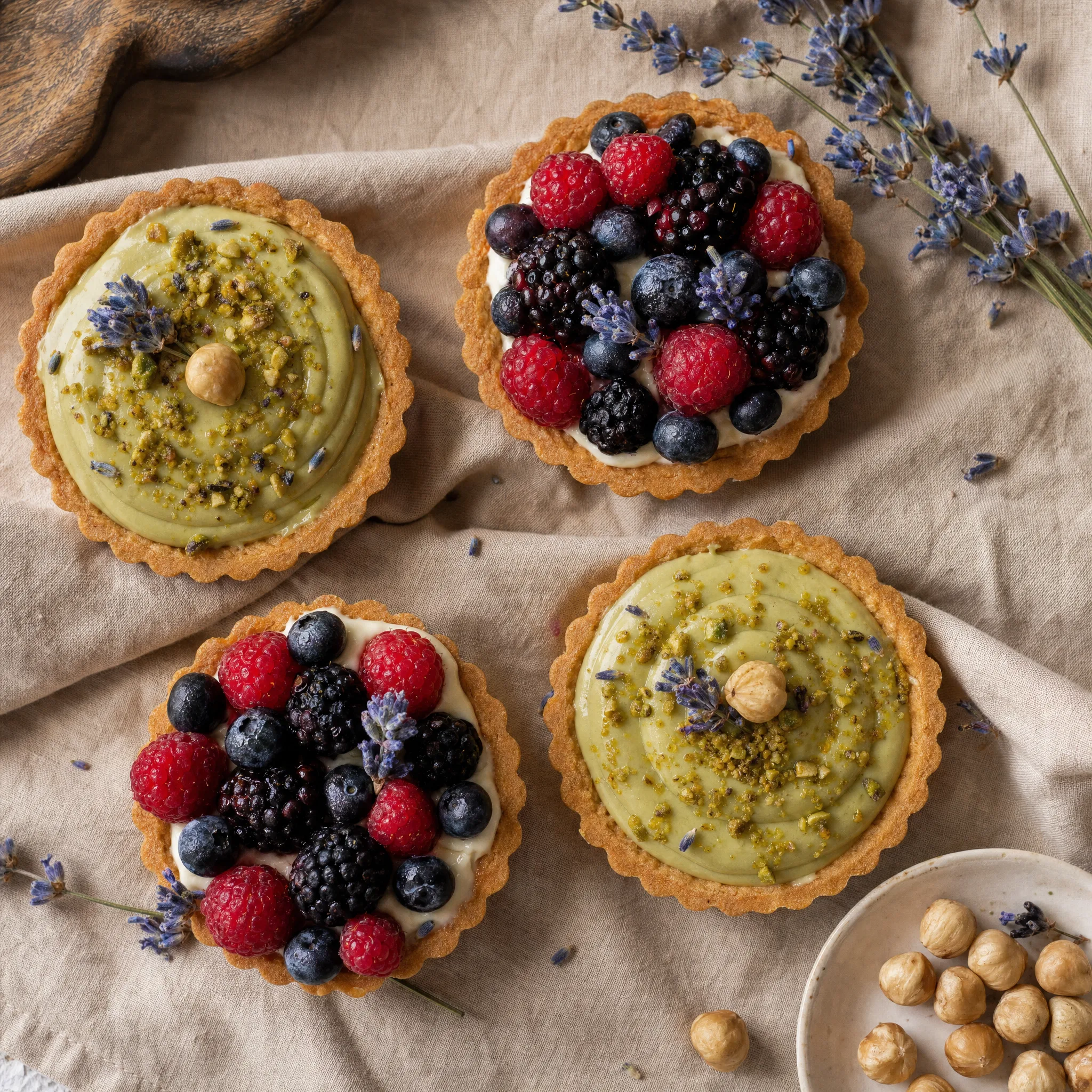 Crostatine artigianali con frutti di bosco, crema al pistacchio e nocciole, lavanda fresca su lino rustico