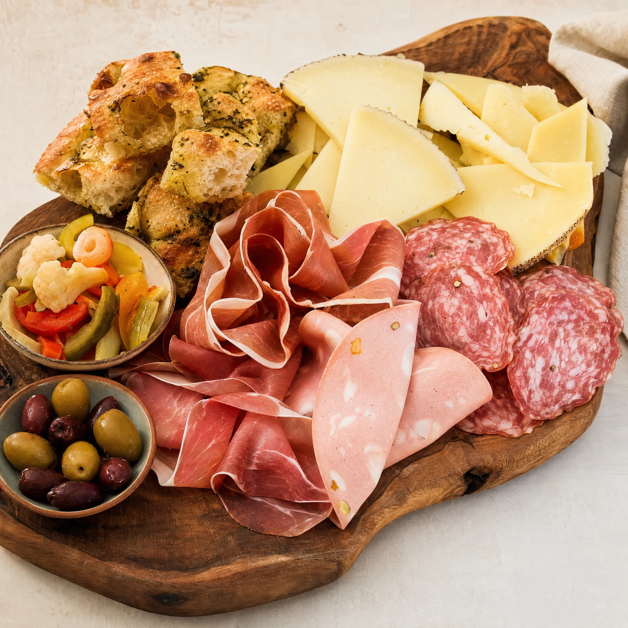Tagliere artigianale con prosciutto di Parma, salami, mortadella, Monte Veronese DOP, verdure in giardiniera, focaccia all'olio EVO e olive