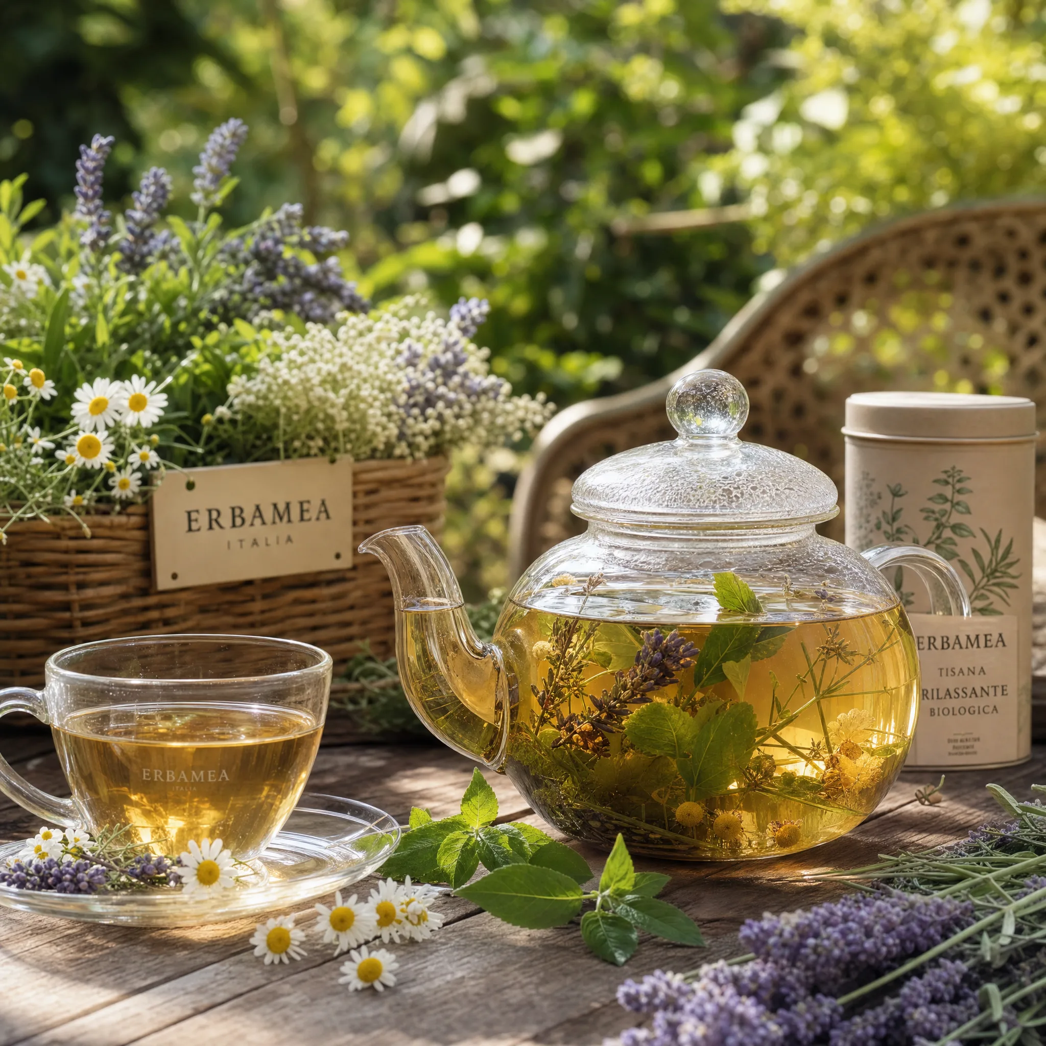 Teiera di vetro con erbe botaniche fresche, camomilla, lavanda e menta in un giardino luminoso