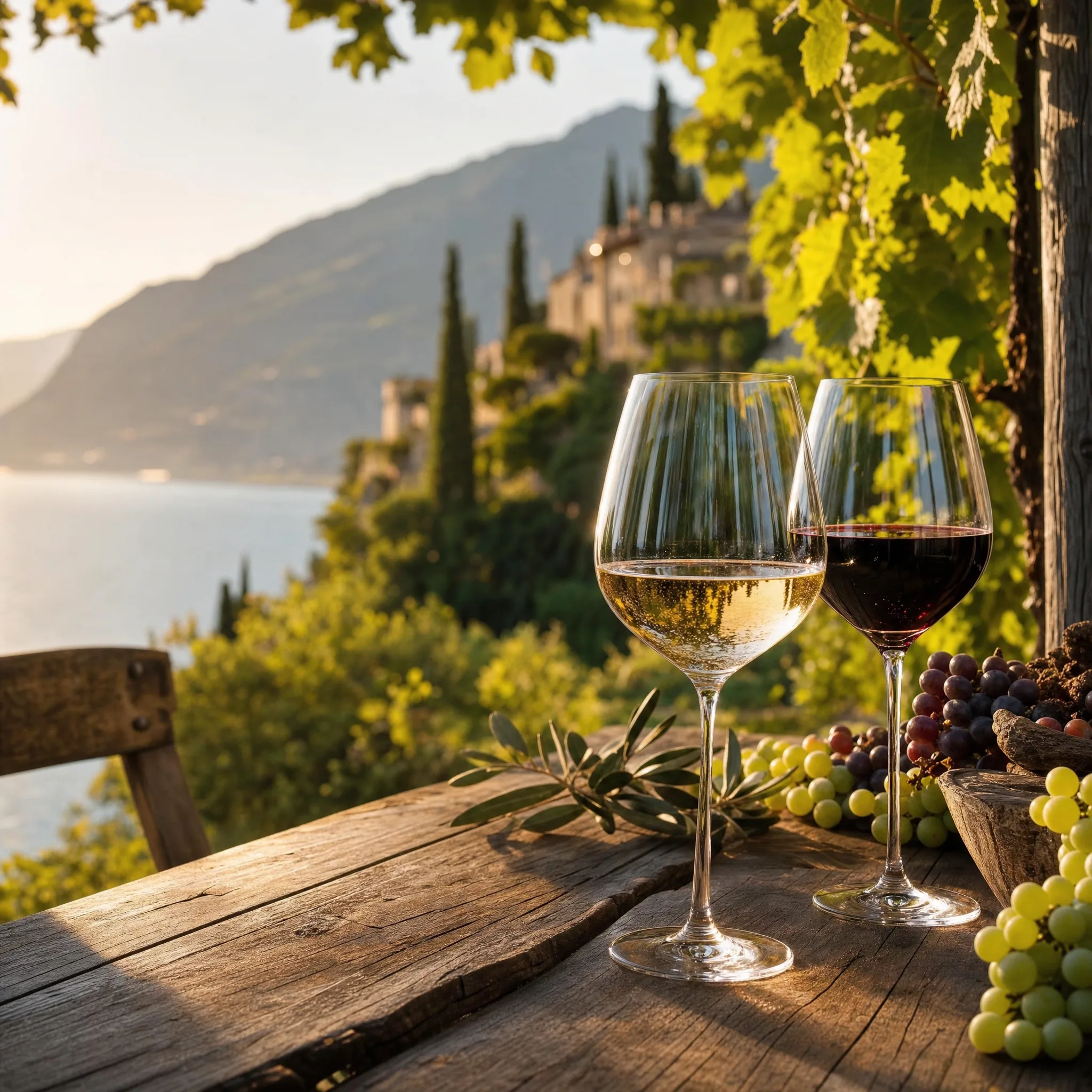 Calici di vino bianco e rosso su un tavolo rustico con vista lago di Garda e vigneto al tramonto