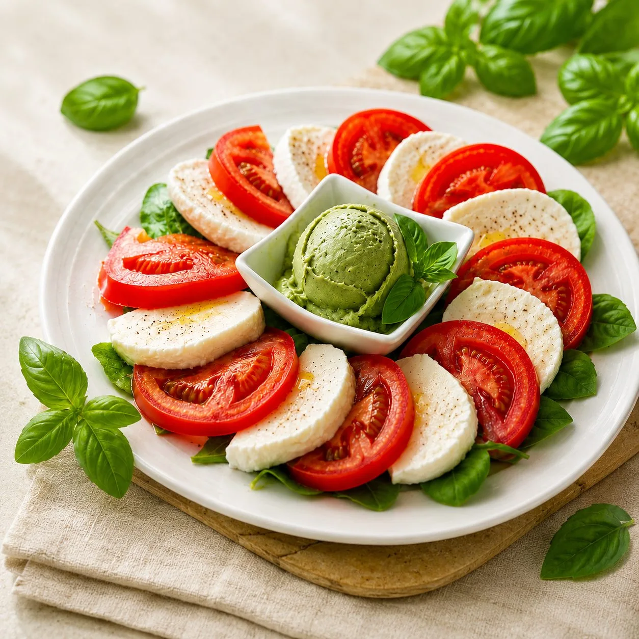 Caprese con mozzarella fiordilatte e gelato salato al basilico