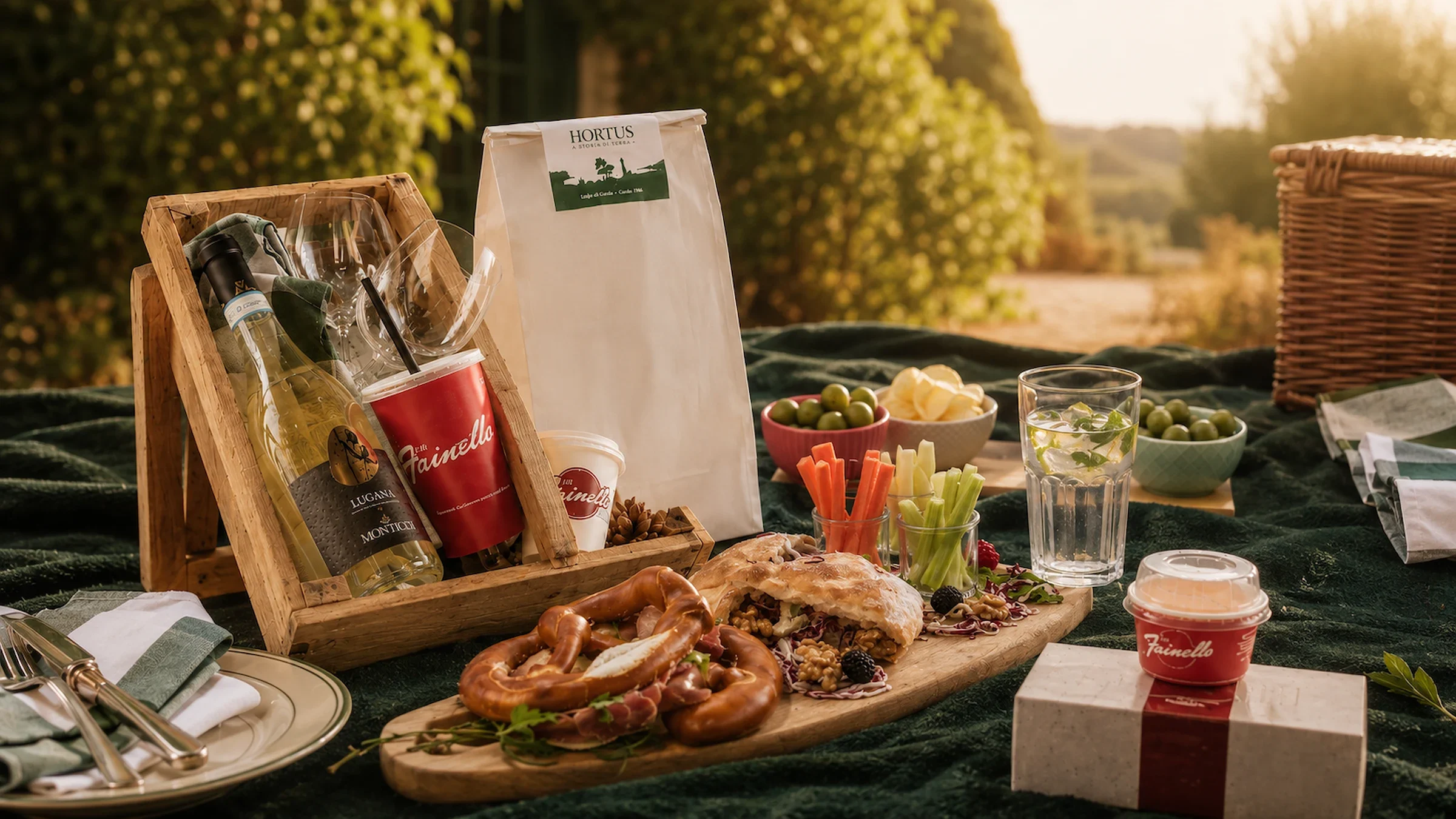 Un picnic Hortus nel parco con vino, tagliere e cesto di vimini