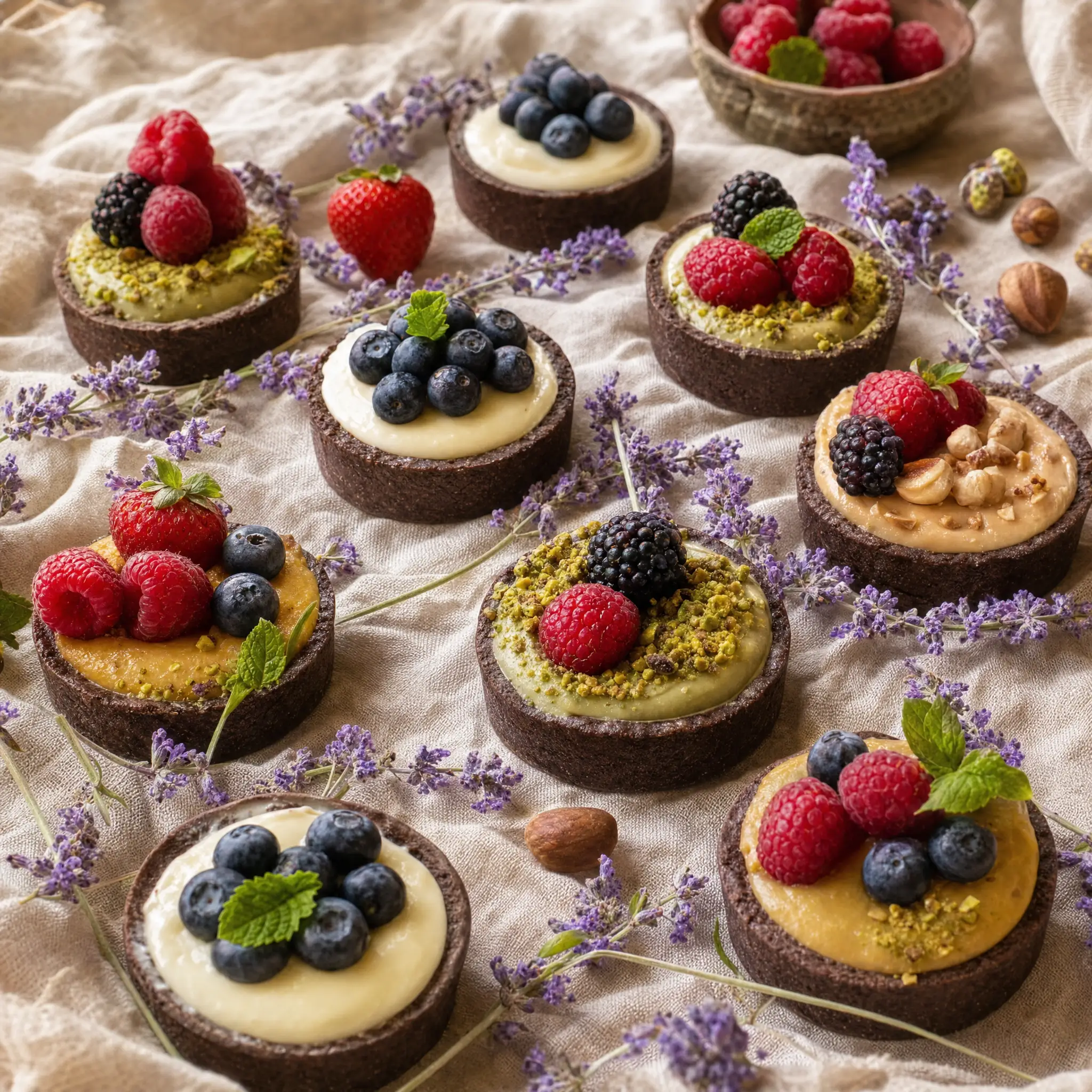 Crostatine artigianali Hortus su lino: basi di cioccolato, crema di pistacchio di Bronte, frutti di bosco freschi e lavanda